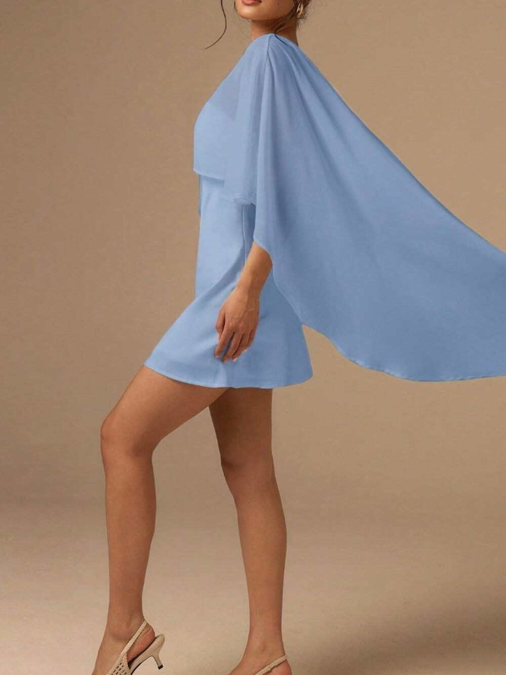 Baby Blue Satin Bias-Cut Women's Mini Dress with Cape Shawl - Picture 6 of 7